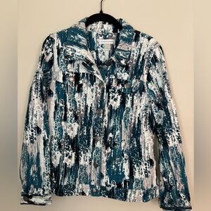 Christopher & Banks SZ S Teal Black White Patterned Button Up Jacket 100% Cotton
